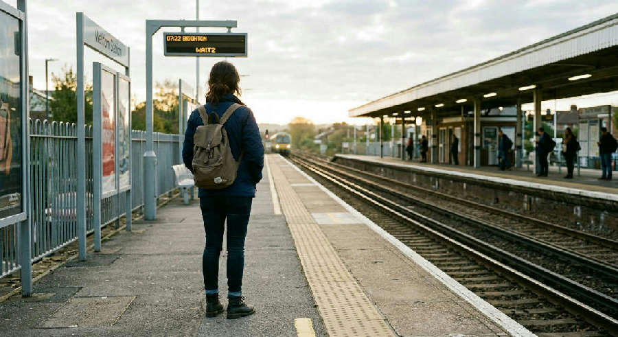 A person with a backpack stands on a sunlit train platform, looking toward the horizon in soft morning light.