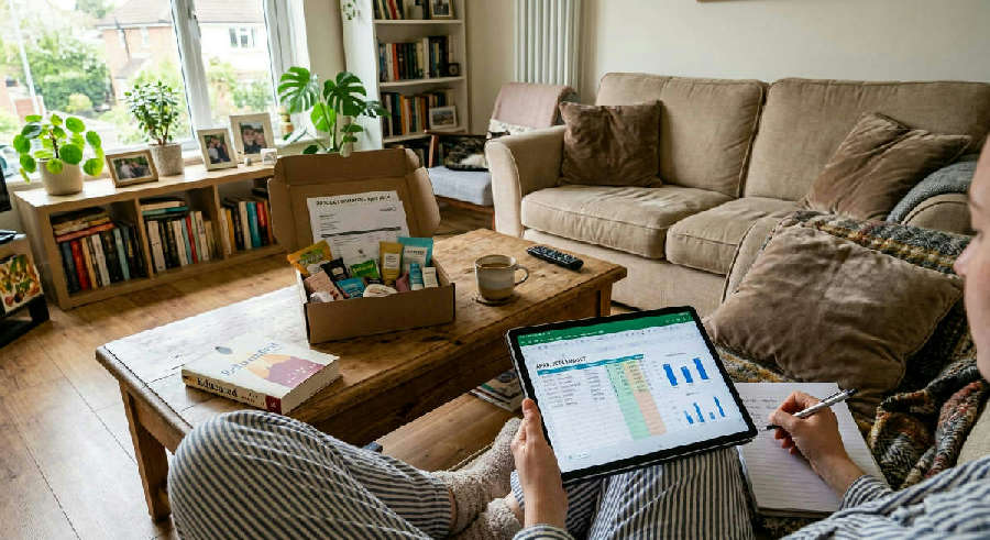 First-person view of a person holding a tablet with a budget spreadsheet, seated before a box of product samples.