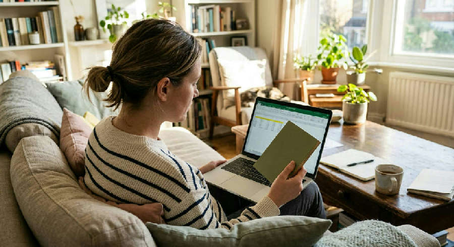A person sits on a sofa in a sunlit room, reviewing a product sample with a laptop and spreadsheet nearby.