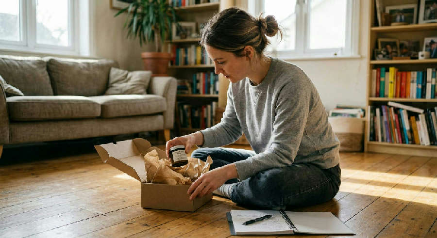 Person sitting on a wooden floor in a sunlit room, opening a cardboard box next to a notepad and pen.