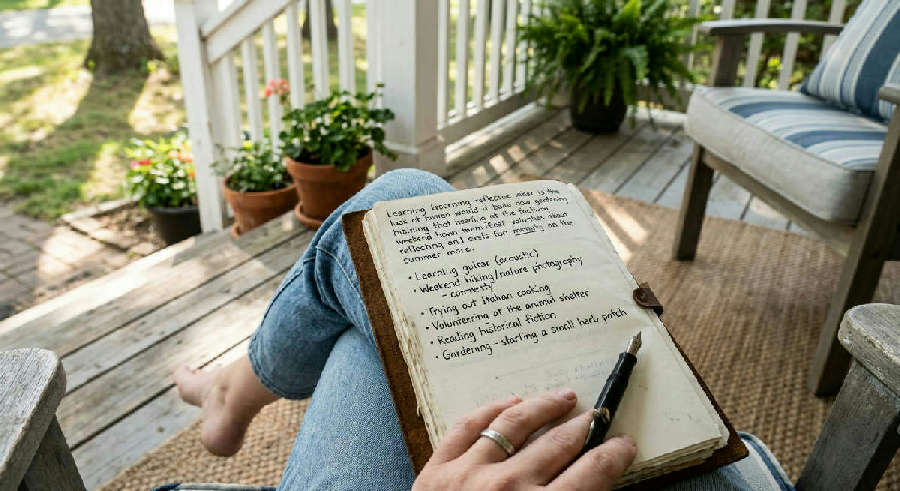 A first-person view of a person holding a worn journal with a handwritten list on a sunlit wooden porch.