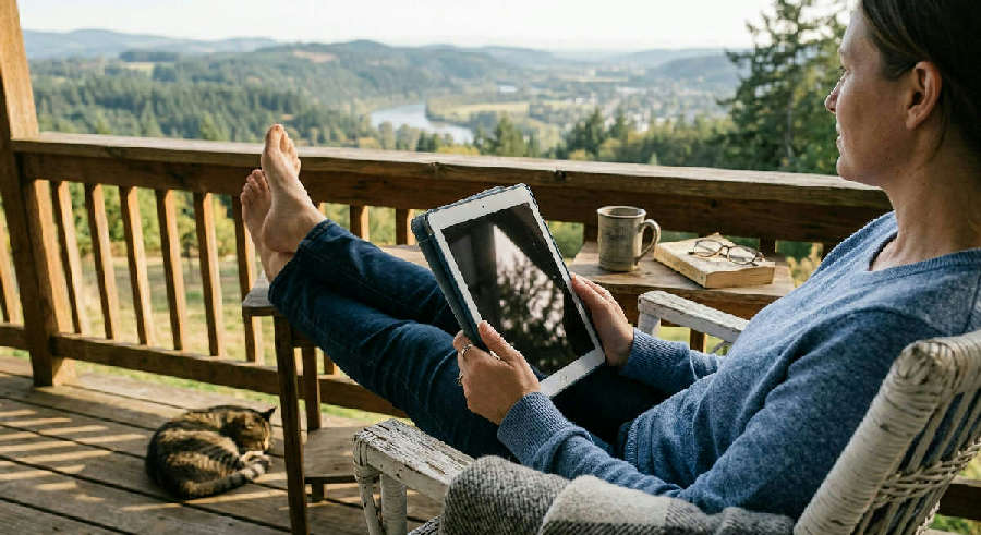 Person sitting on a porch holding a tablet, looking toward a sunny horizon with a calm, thoughtful smile.