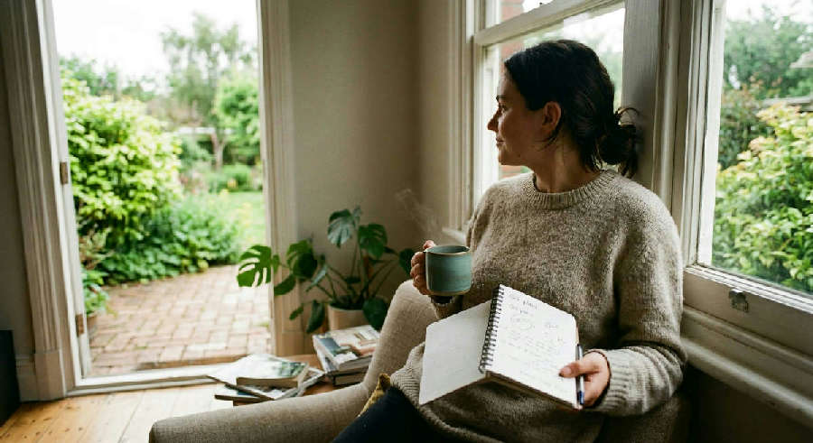 Young professional leans by a sunlit window with a mug and notepad, looking thoughtfully at a garden.
