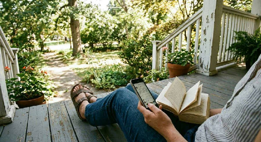 A person sits on sunny porch steps holding a smartphone next to an open book with pages fluttering in the breeze.