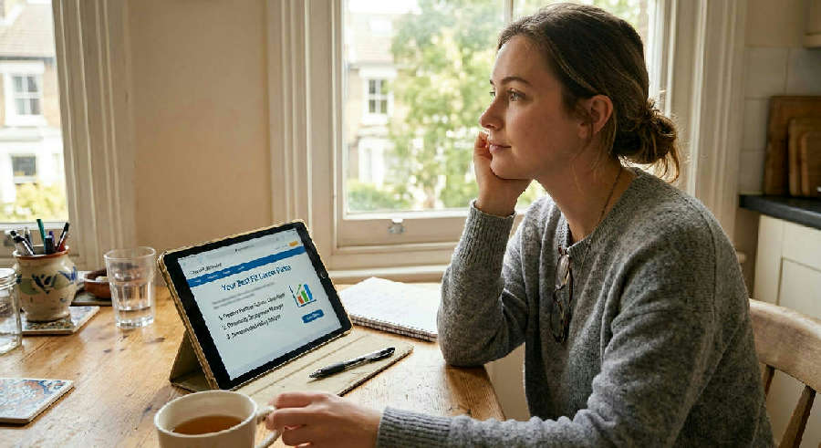 A person rests their chin on their hand, looking out a bright window next to a tablet showing career quiz results.