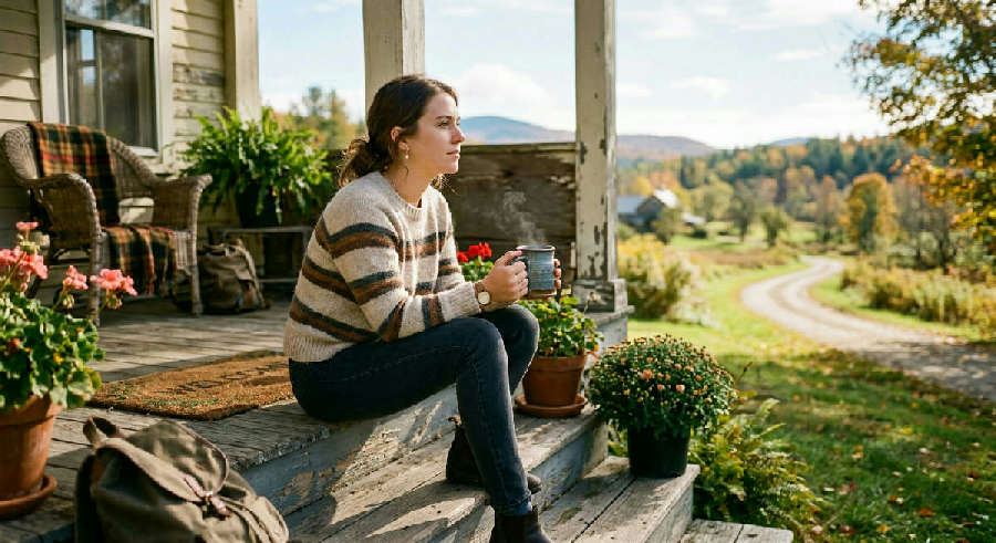 A person sits on sunny porch steps, holding a steaming mug and looking thoughtfully toward the distance.