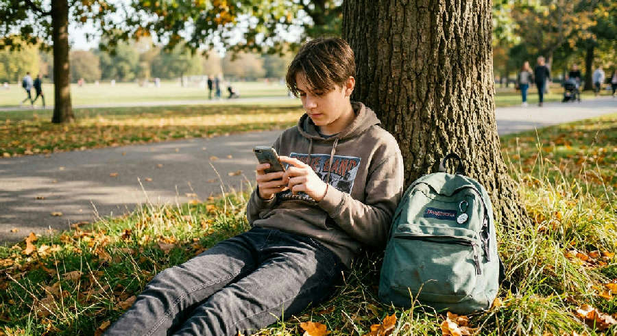 Teenager sits by a tree in a sunny park, looking at their phone with a backpack resting on the grass nearby.