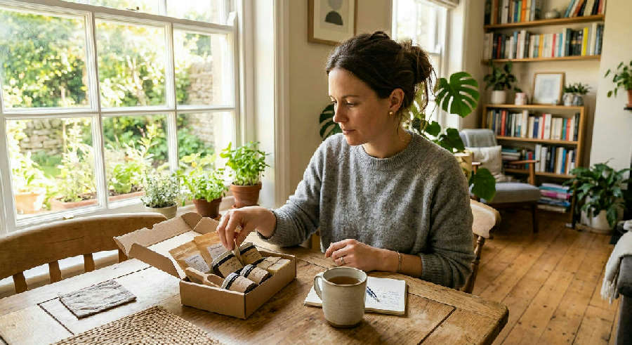 A person’s hands inspect small product samples on a wooden table in soft, natural morning sunlight.