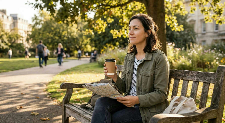 A person sits on a wooden park bench in soft sunlight, holding a coffee and a paper map while looking away thoughtfully.