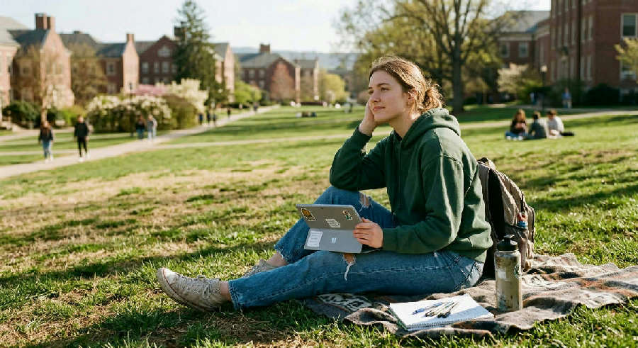A university student sits on a sunny campus lawn, looking thoughtfully ahead with a tablet resting on their lap.