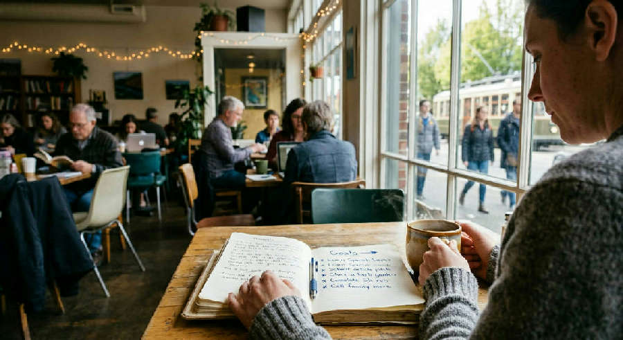 A person holds a warm mug while looking at a handwritten list of goals by a bright, sunlit cafe window.