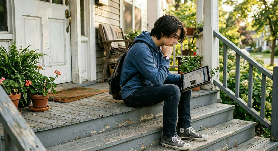 A high school student sits on sunlit porch steps, leaning on one hand while looking thoughtfully at a tablet.