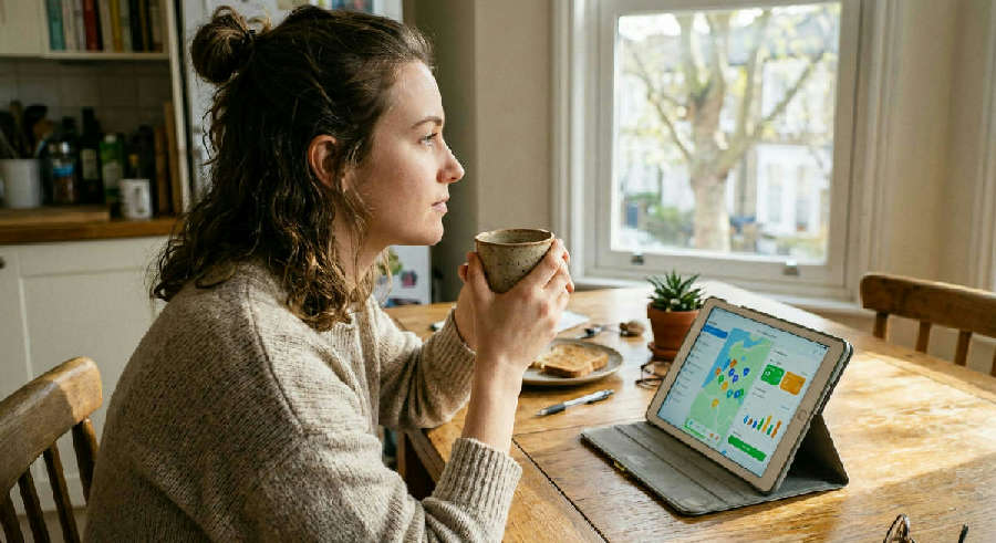 A person looks out a sunny window while holding a mug, with a tablet showing colorful results on a wooden table.