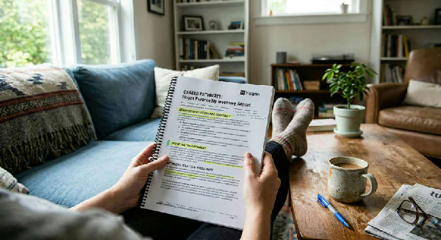 First-person view of hands holding a highlighted career report in a bright living room next to a coffee mug on a sofa.