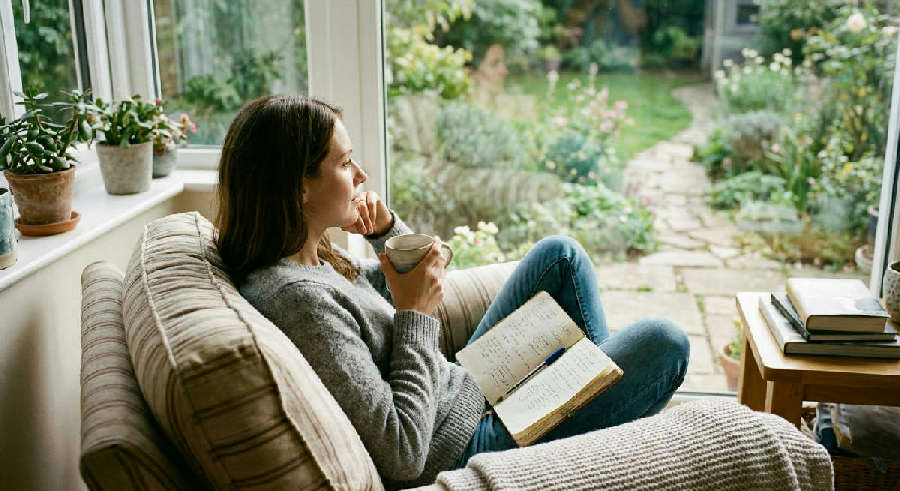 Woman in a soft armchair by a bright window, holding a notebook and mug while looking thoughtfully at a garden.