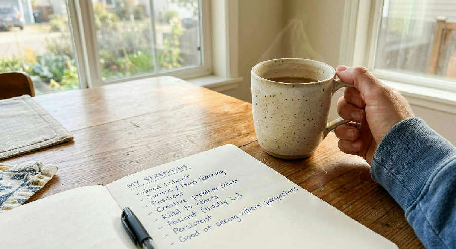 Hands holding a warm ceramic mug over a handwritten list of strengths on a wooden table in bright, natural sunlight.