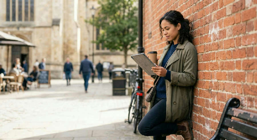 Side profile of a young professional leaning on a brick wall, checking a tablet and holding a coffee in a bright square.