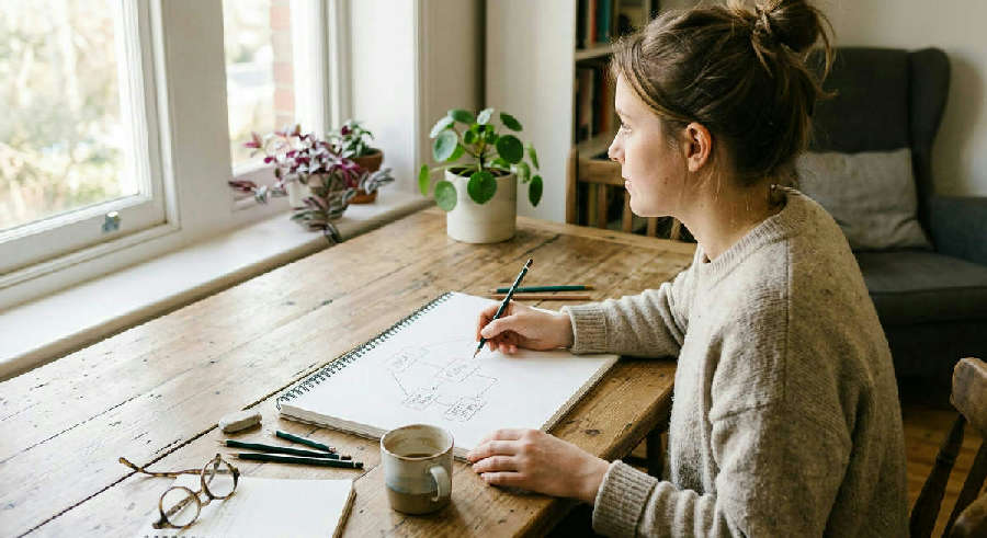 A person sketches a diagram on a paper pad at a sunny wooden table, looking thoughtful during a quiet moment.