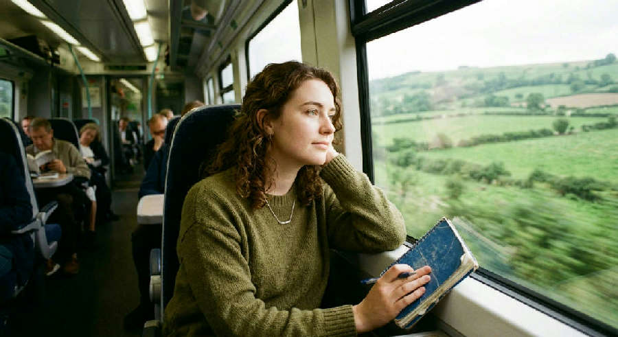 Woman gazes out a train window at green hills while holding a notebook in soft, natural morning light.
