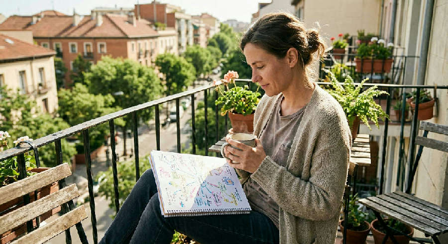 Person on a sunny balcony looking at a colorful mind map in their lap while holding a ceramic mug.