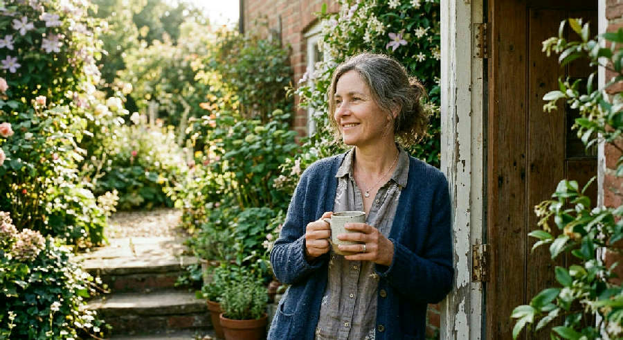 A smiling man in his 40s leans against a sunny garden doorway, holding a ceramic mug and looking out thoughtfully.