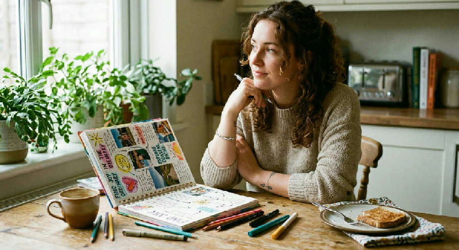 Woman sitting in a sunlit breakfast nook, thoughtfully sketching in a colorful planner with a focused expression.