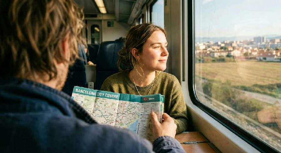 A graduate looking out a train window with soft sunlight on their face, holding a worn guidebook while traveling.
