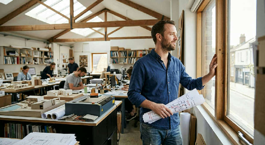 A man in a sunlit workshop holds a blueprint and gazes out a window with a calm, thoughtful expression.