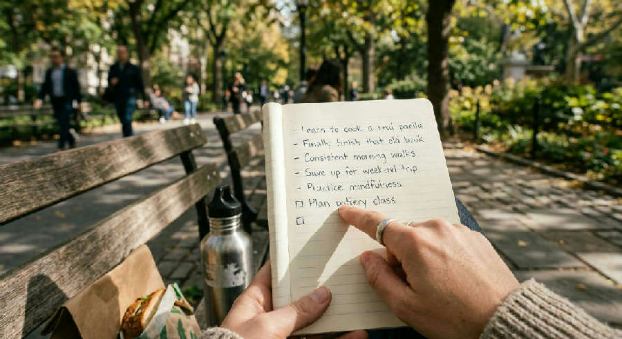 Sunlight filters onto a person's hand tracing a handwritten list of goals in a journal while sitting on a park bench.