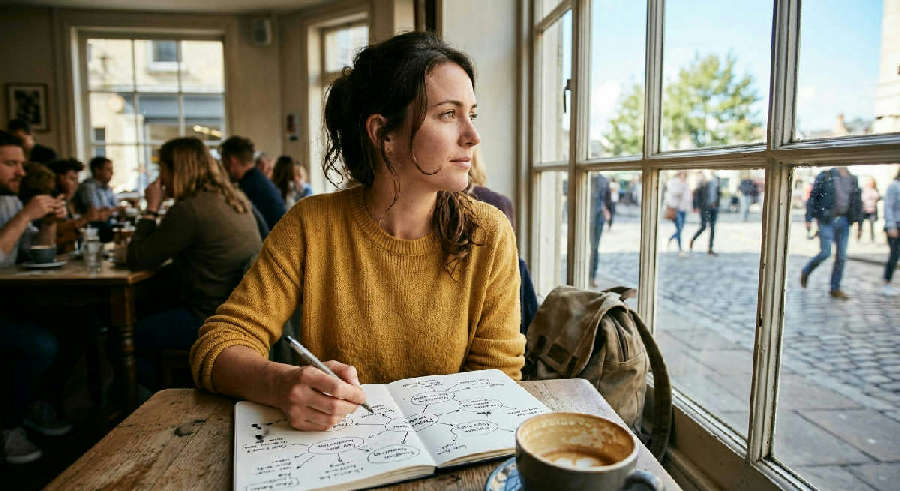 Woman looking out a cafe window while drawing a mind map in a notebook, with a drink on the table in soft sunlight.