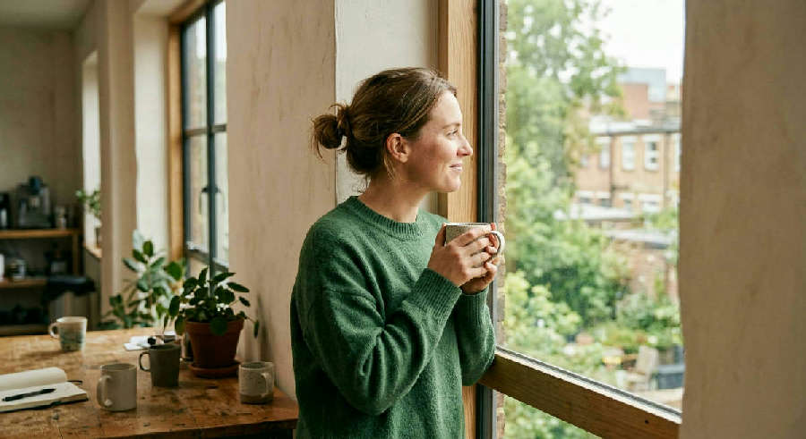 A person smiles warmly while looking out a large window, holding a mug in a sunlit, airy room during a quiet break.