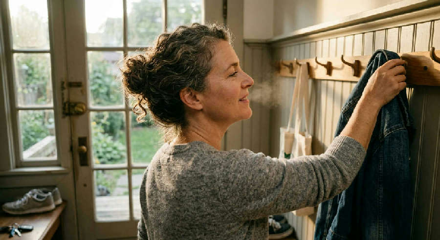 A person exhales with a slight smile while hanging their coat on a wall hook by a bright, sunlit doorway.