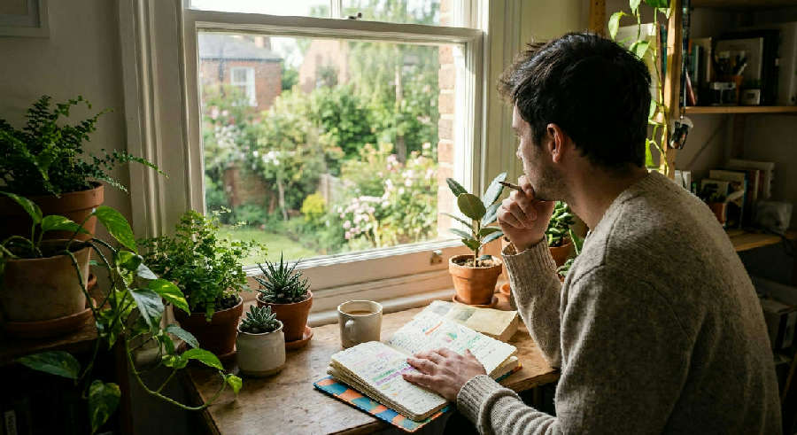 Man looking out a window while resting his hand on an open, colorful journal surrounded by lush green houseplants.