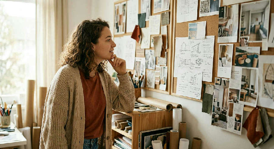 A young professional woman gazes thoughtfully at a colorful wall of sketches and notes in a bright, sunlit home studio.