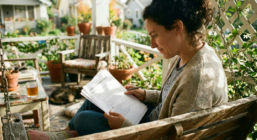 A person sits on a sunny porch, looking thoughtfully at a printed career assessment in their lap.