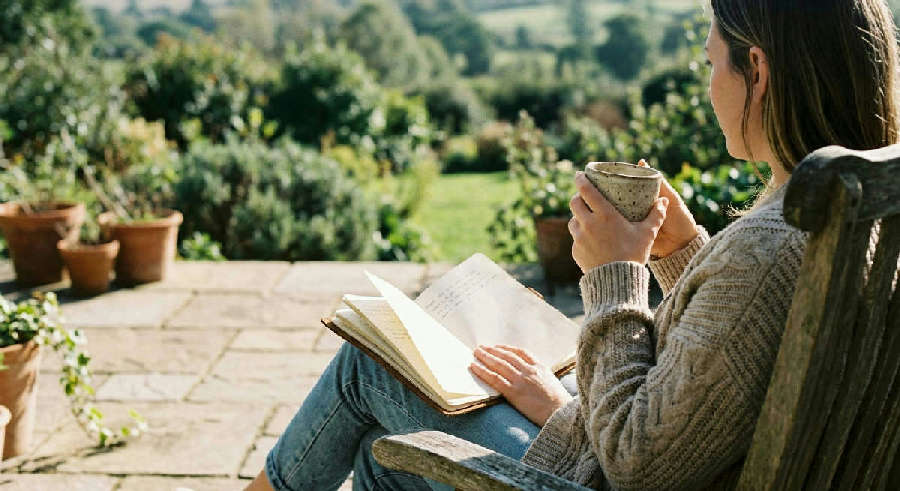 A person sits on a sunlit patio, looking away thoughtfully while holding a mug and a journal with fluttering pages.
