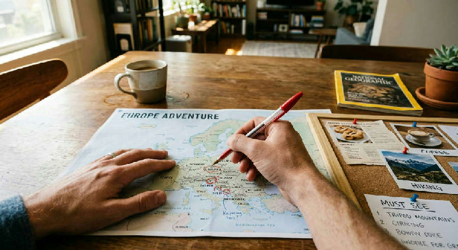 Hand circling notes on a printed map and vision board on a sunlit wooden table during a quiet afternoon at home.