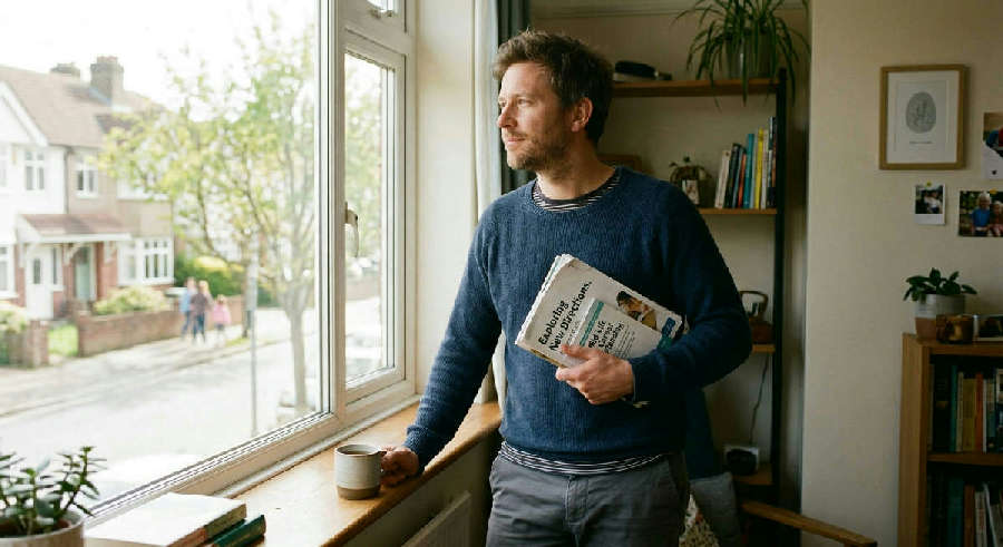 A man in his late 30s looks out a window while holding a mug and a career guide in a bright, natural home setting.