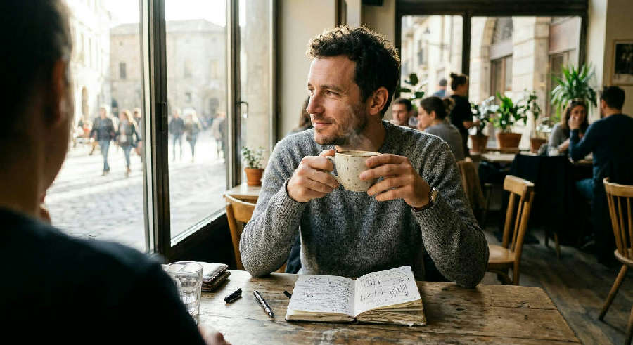 A man looks thoughtfully out a cafe window, holding a ceramic mug next to an open sketchbook filled with notes.