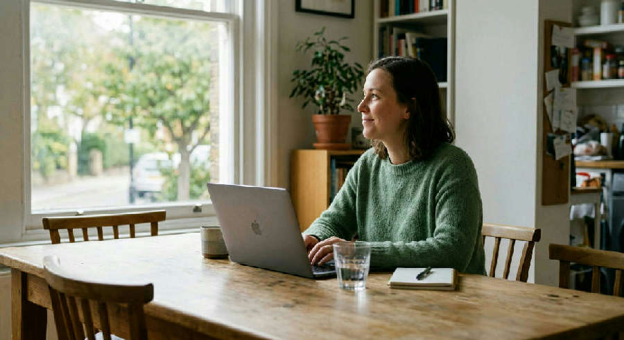 Person smiling thoughtfully while looking out a window, resting from a laptop on a sunlit wooden table.
