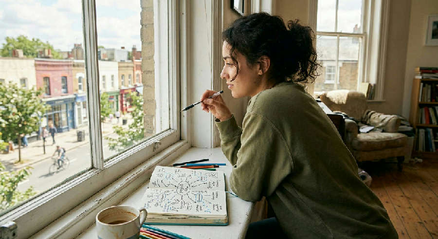 Over-the-shoulder view of a person sketching a mind map in a journal while leaning against a sunny windowsill.