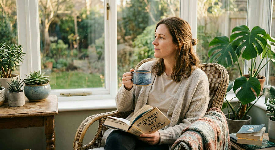 Woman in a sunroom looks out a window thoughtfully while holding a mug and resting a book on her lap.