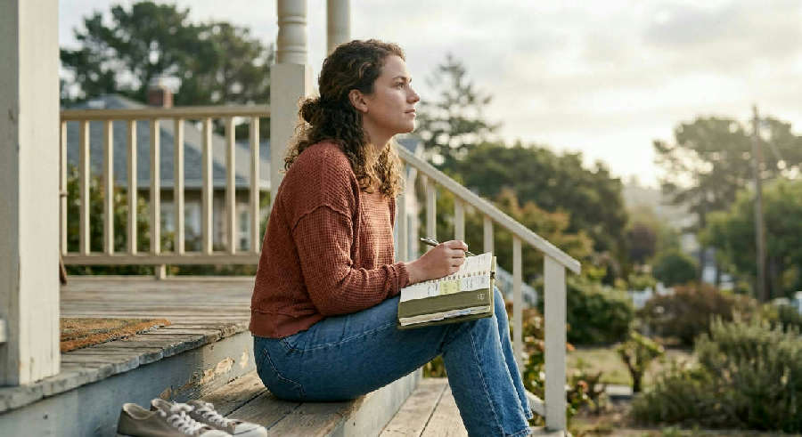 Person in a sweater sits on sunny porch steps with a small planner, looking out at a bright, hazy morning horizon.