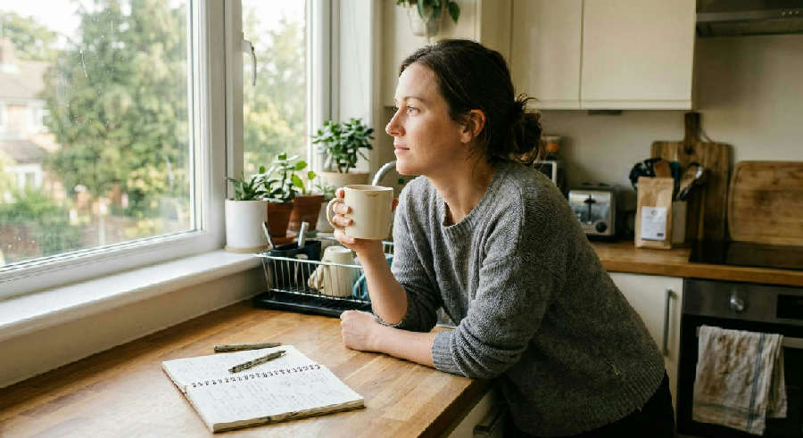 Woman leaning against a kitchen counter looking out a sunlit window with a ceramic mug and a handwritten notebook.
