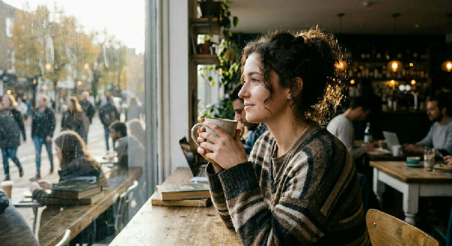 Side profile of a person looking out a cafe window, holding a ceramic mug in the soft afternoon sunlight.