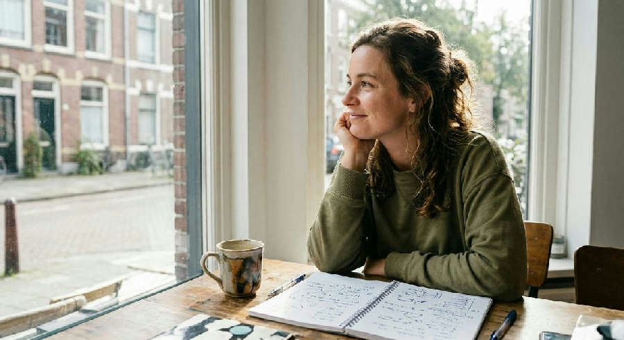 Woman smiles thoughtfully looking out a sunlit window, resting her chin on her hand beside an open, handwritten notebook.