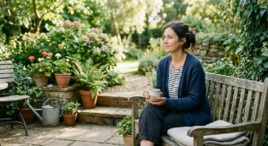 Woman in her 30s sits on a sunlit wooden bench, holding a mug and looking thoughtfully into the distance.