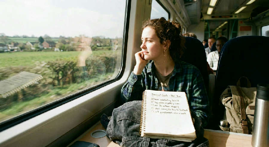 Person looks out a train window in afternoon light, holding a handwritten list of goals on their lap during a commute.