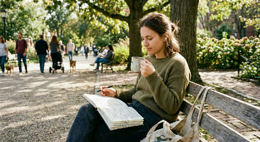 A person sits on a sunny bench, looking at a handwritten sketchbook while holding a ceramic coffee mug.