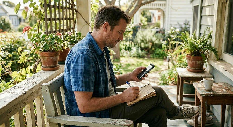 Man sitting on a sunlit porch bench, multitasking by holding a phone and writing in a paper journal.
